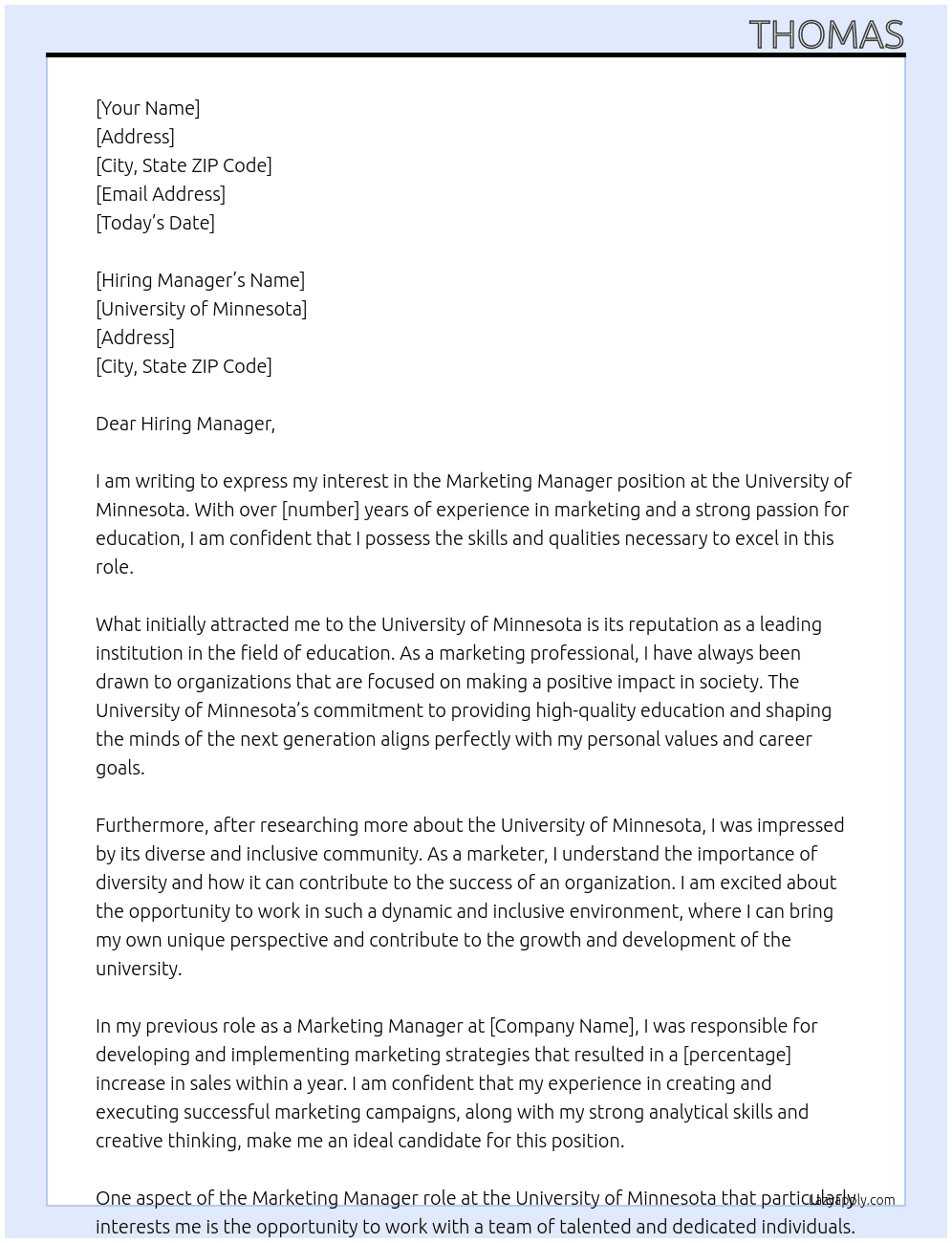 Marketing Manager At University of Minnesota Cover Letter
