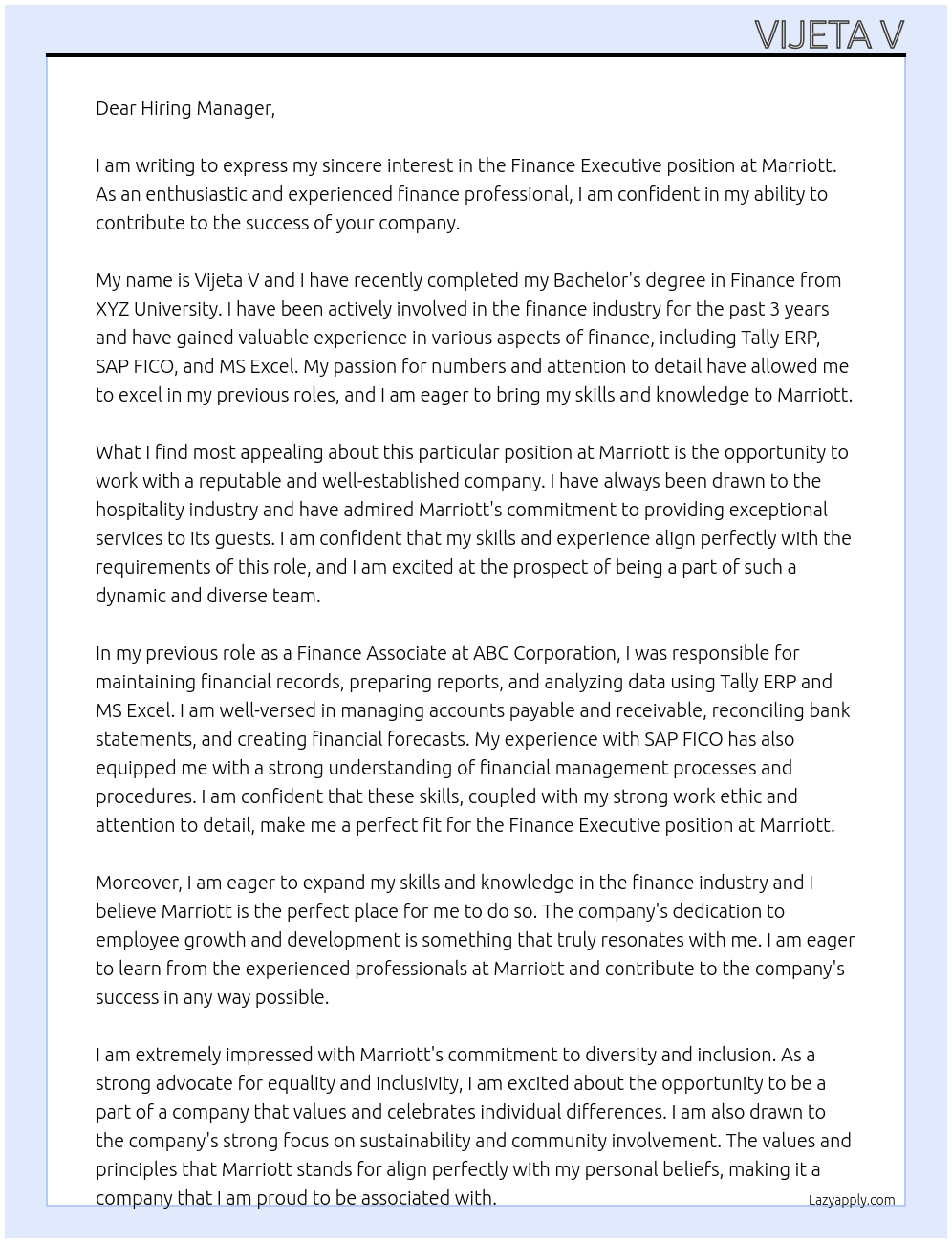 Finance Executive At Marriott Cover Letter