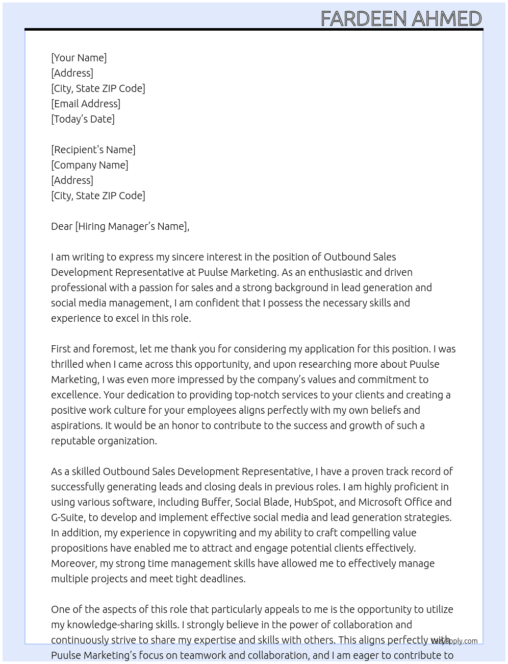 Outbound Sales Development Representative At Puulse Marketing Cover Letter