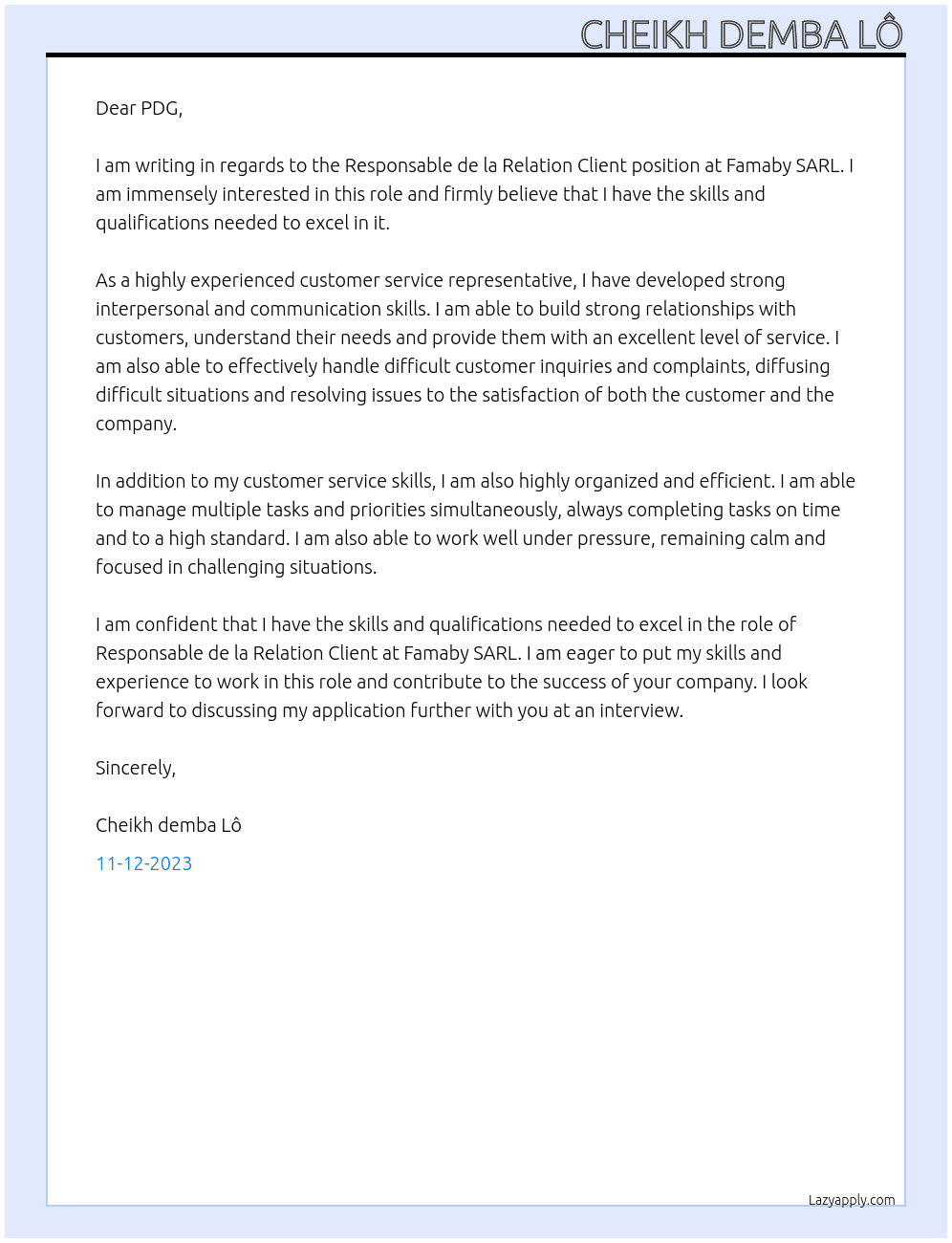 Responsable de la Relation Client At Famaby SARL Cover Letter