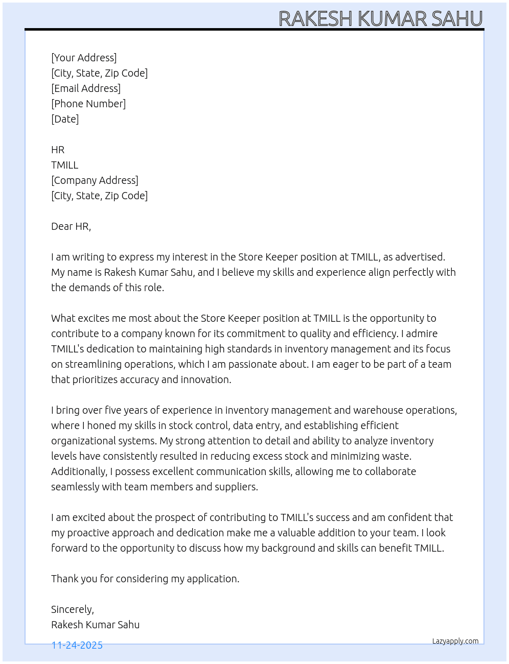 Store Keeper At TMILL Cover Letter