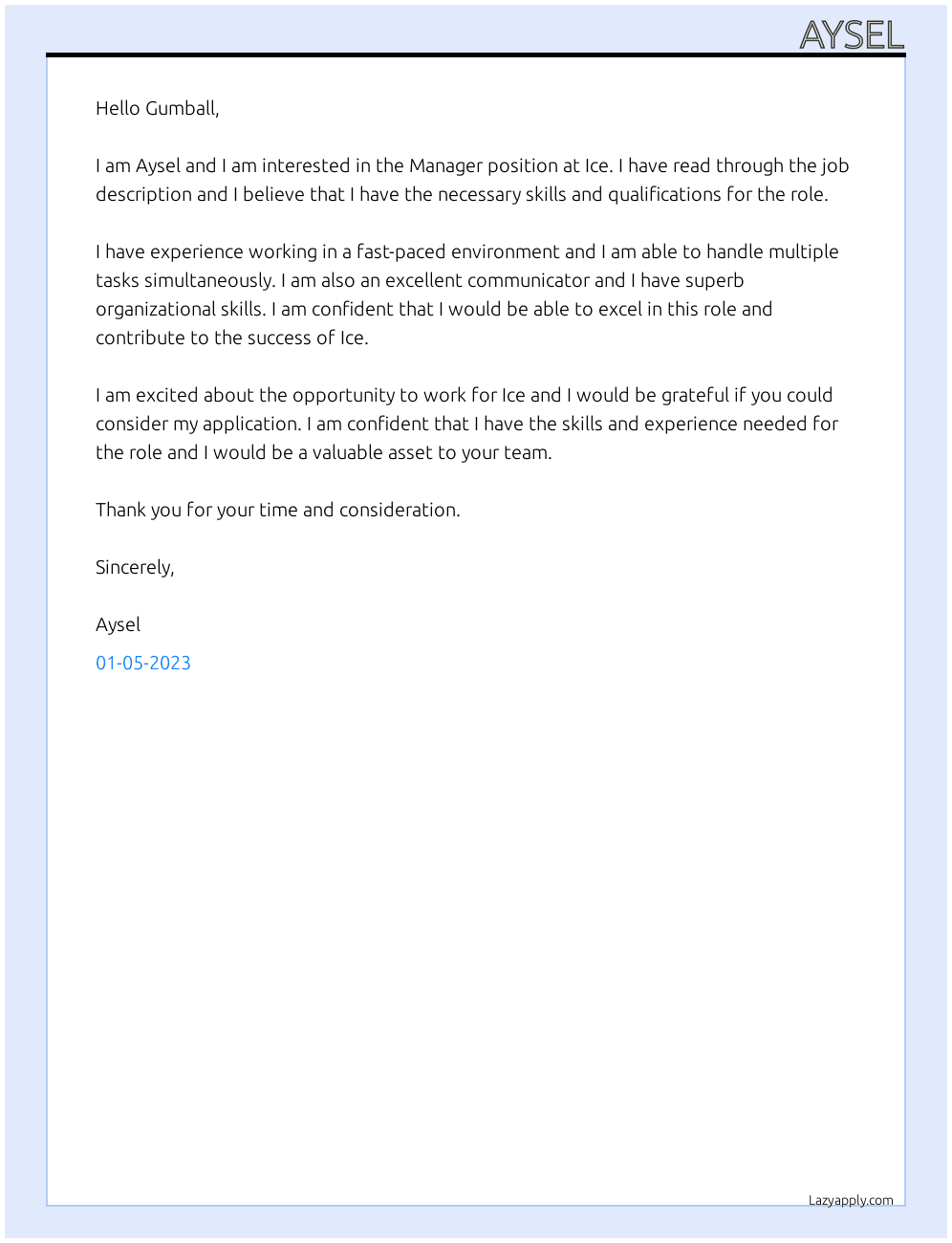 Manager  At Ice Cover Letter