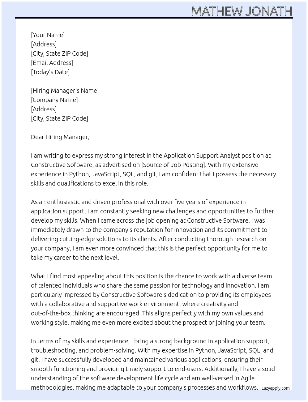 Application support analyst  At Constructive Software Cover Letter