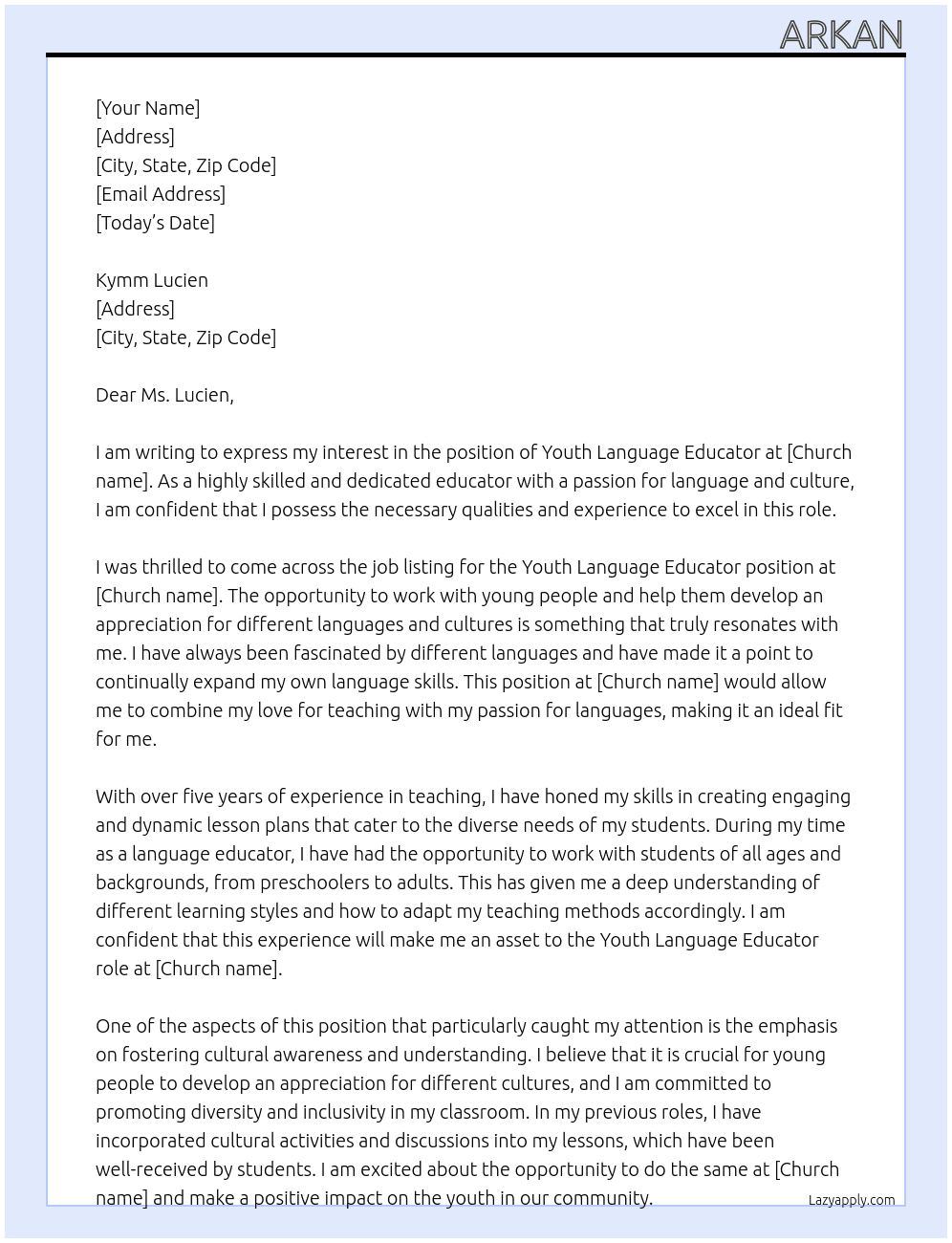 Youth Language educator  At  church Cover Letter