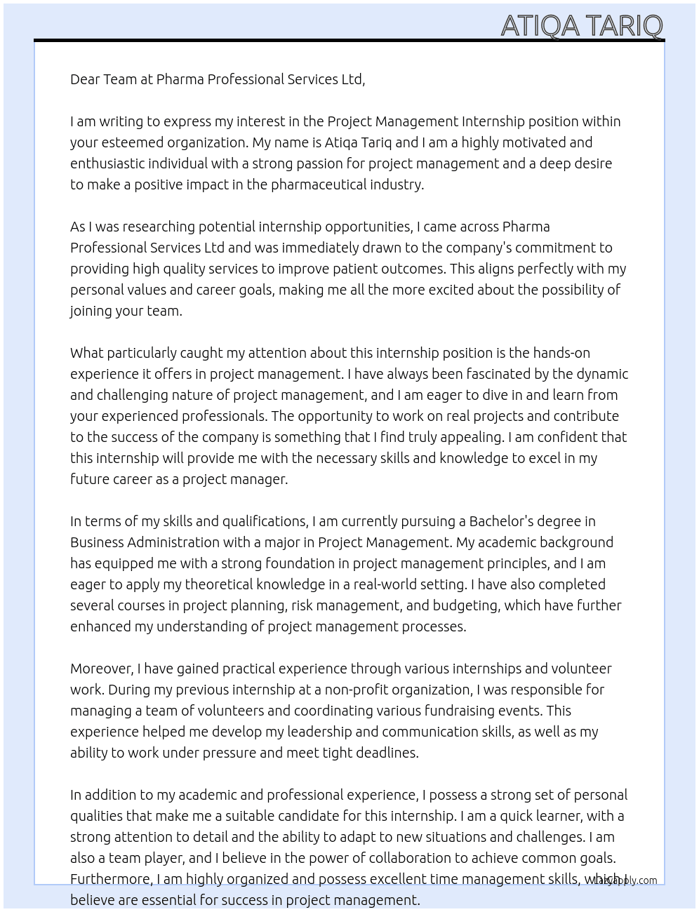 project management internship At Pharma Professional Services Ltd Cover Letter