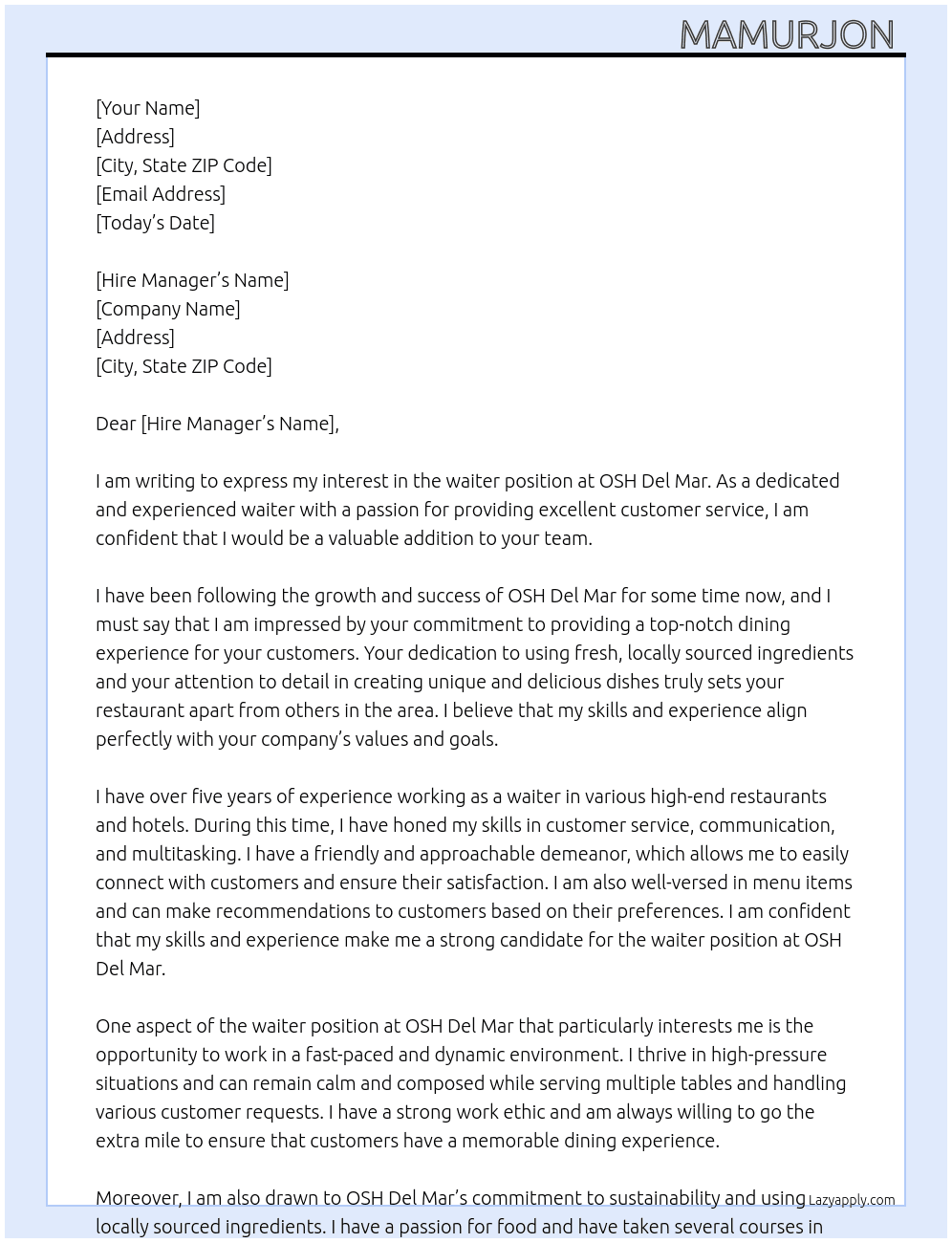 Waiter  At OSH Del Mar  Cover Letter