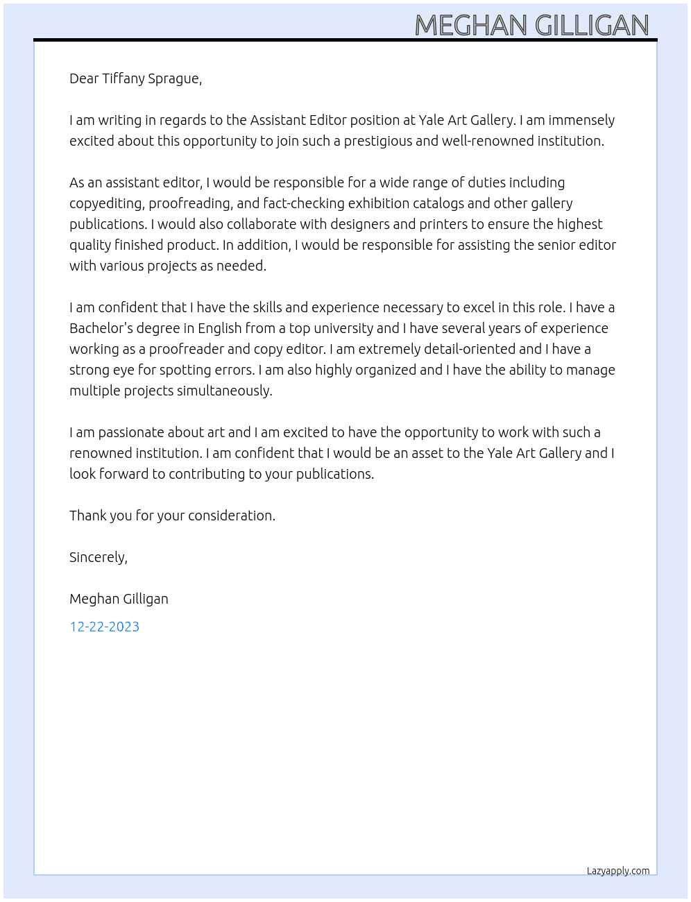 Assistant Editor At Yale Art Gallery Cover Letter