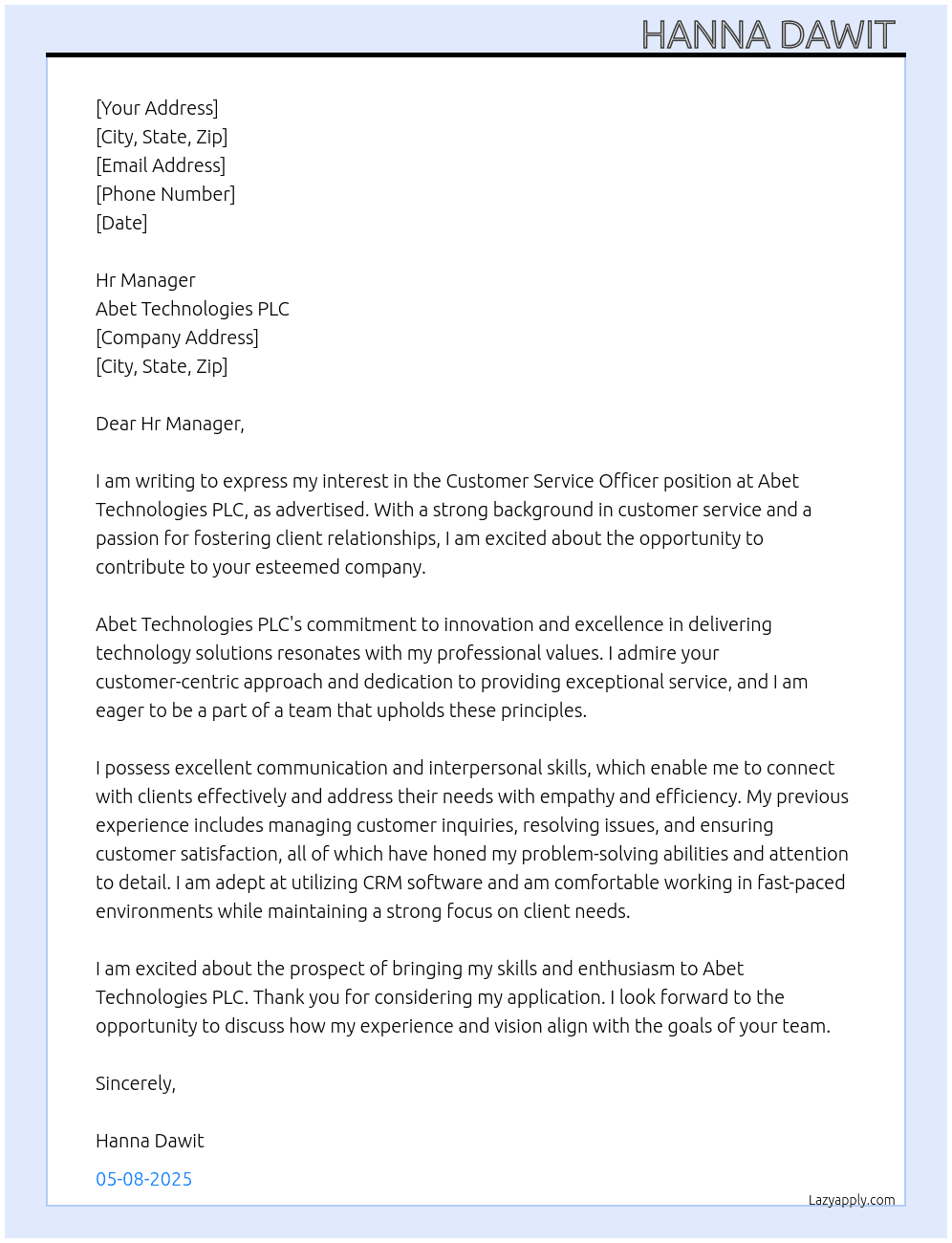 Customer service officer  At Abet Technologies PLC Cover Letter