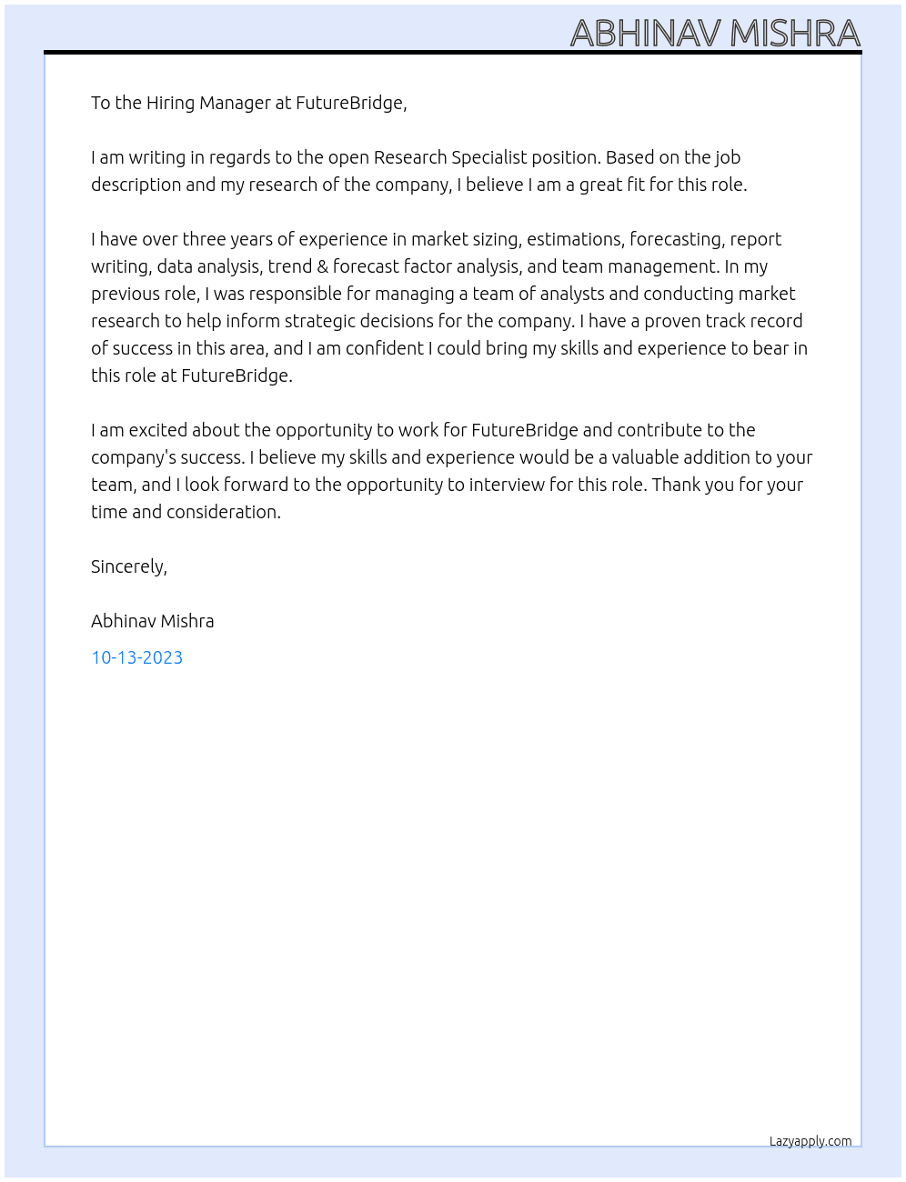 Research Specialist  At FutureBridge Cover Letter