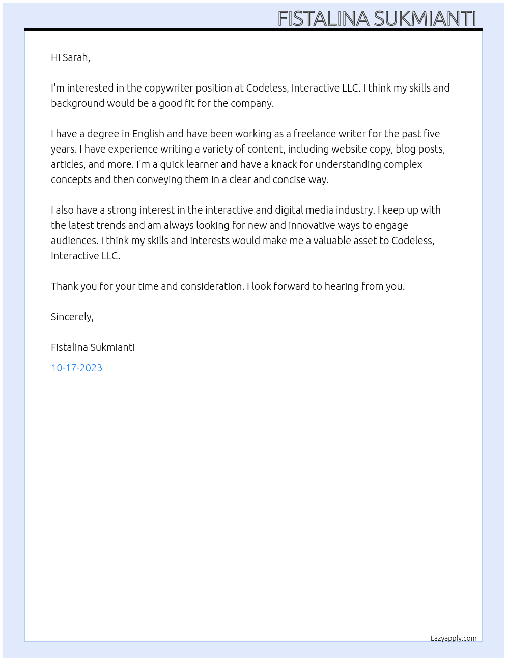 copy writer At Codeless, Interactive LLC Cover Letter