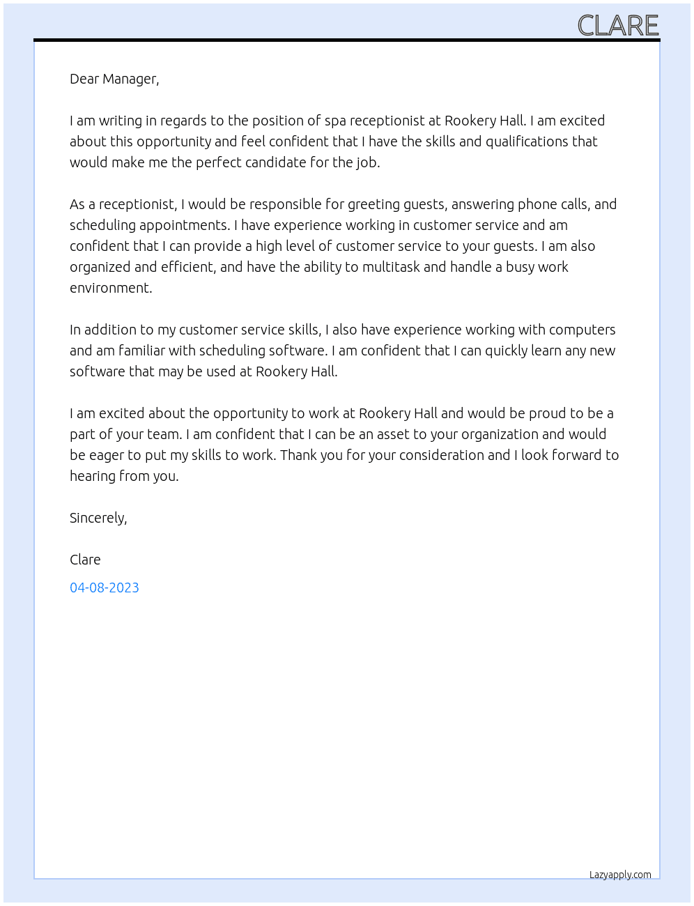 spa receptionist At Rookery Hall Cover Letter