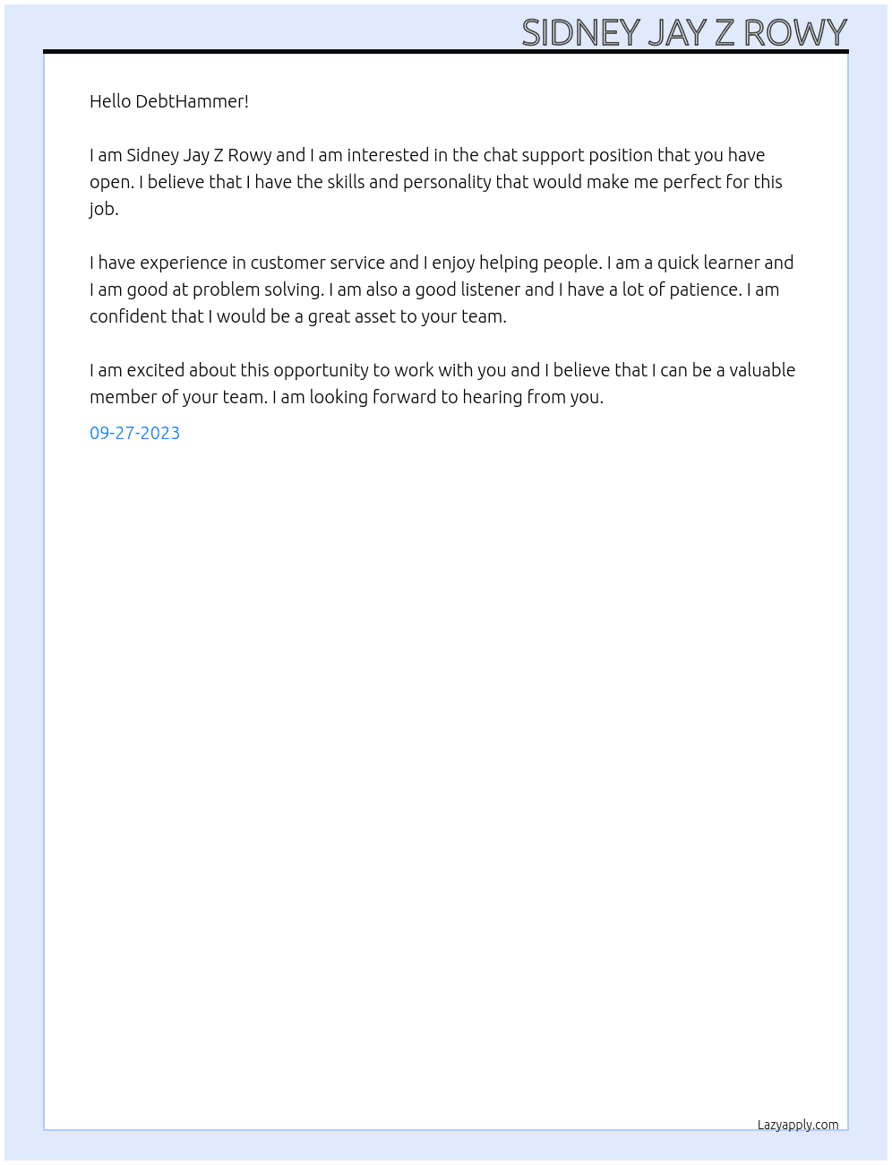 Chat Support At DebtHammer Cover Letter
