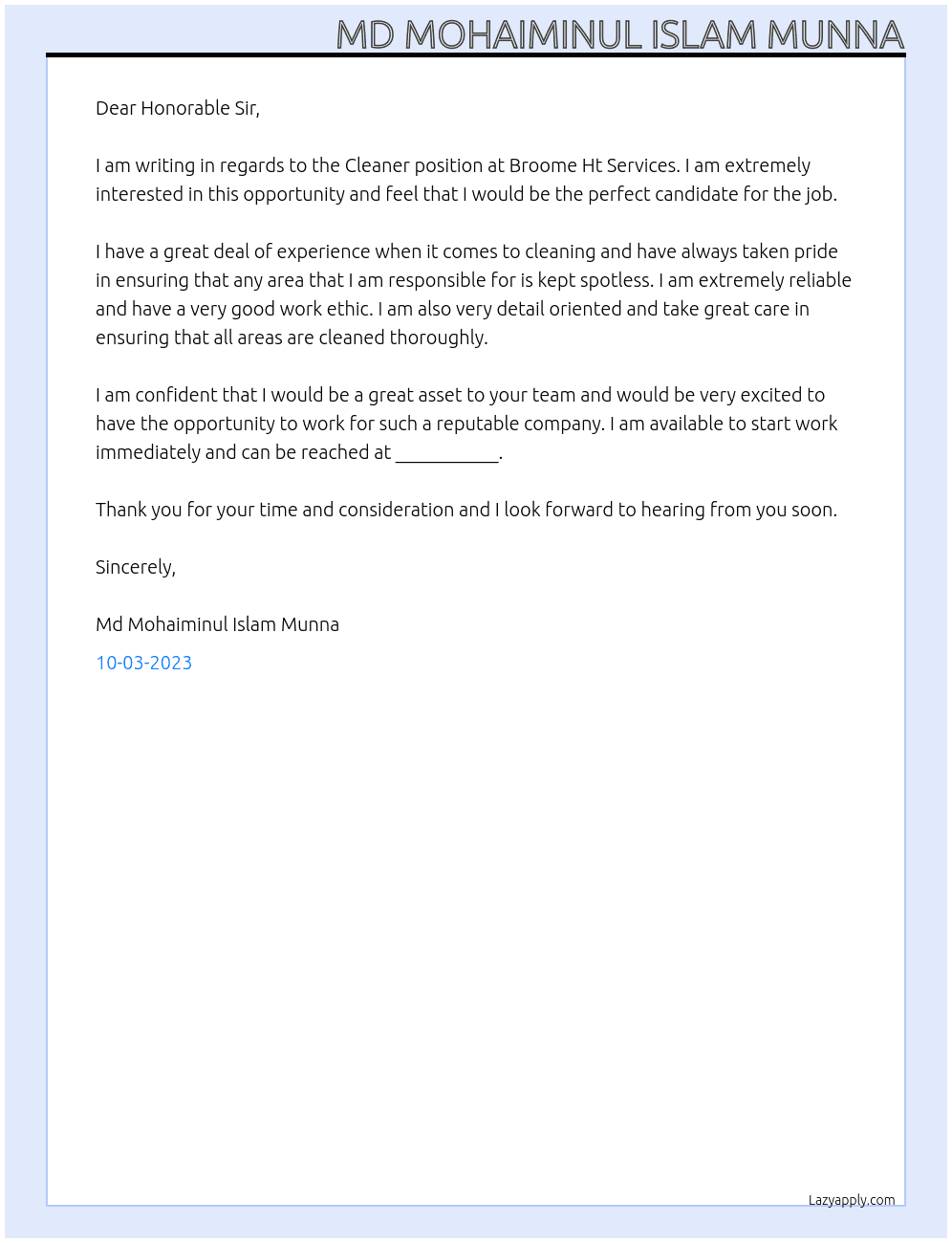 Cleaner At Broome Ht Services Cover Letter