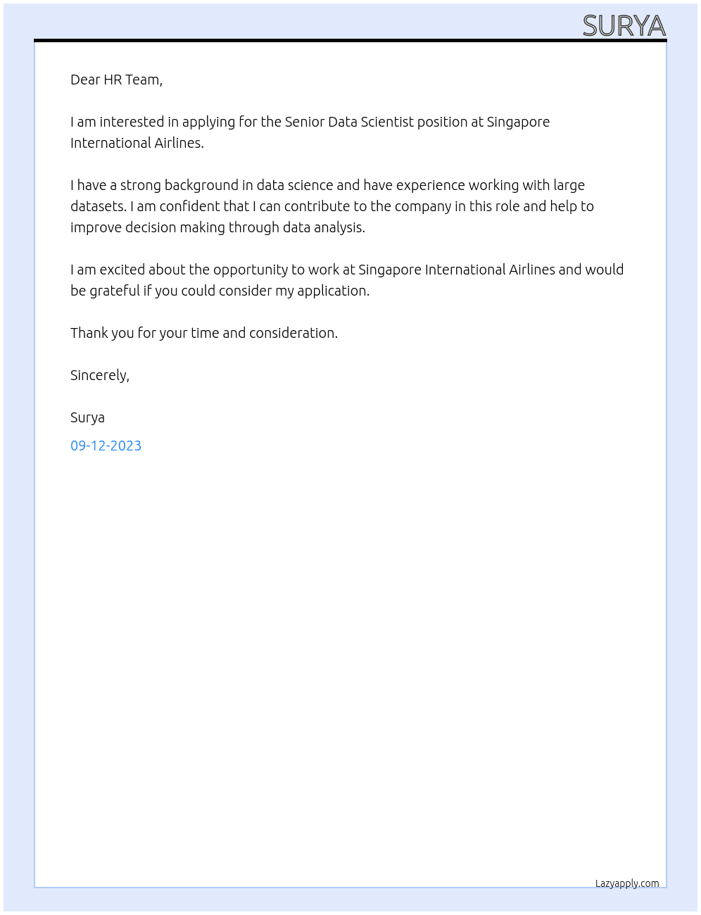 Senior Data scientist At Singapore International Airlines Cover Letter