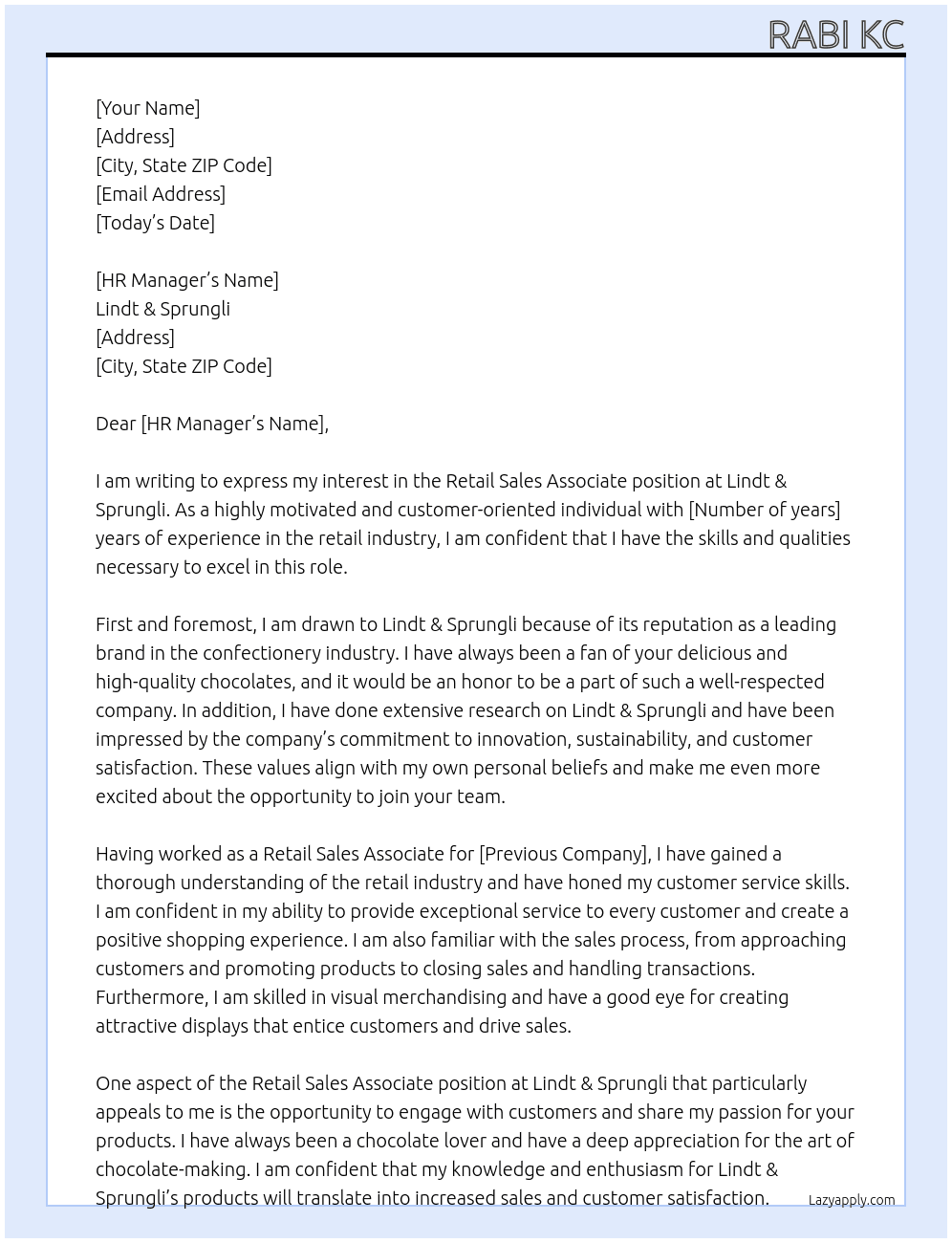 retail Sales Associate At Lindt & Sprungli Cover Letter