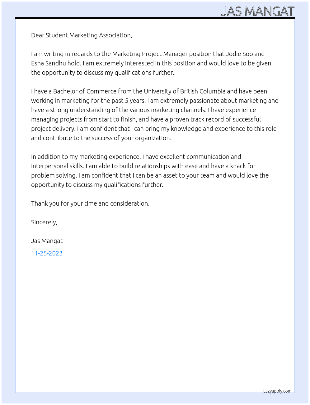 Marketing Project Manager At Student Marketing Association Cover Letter