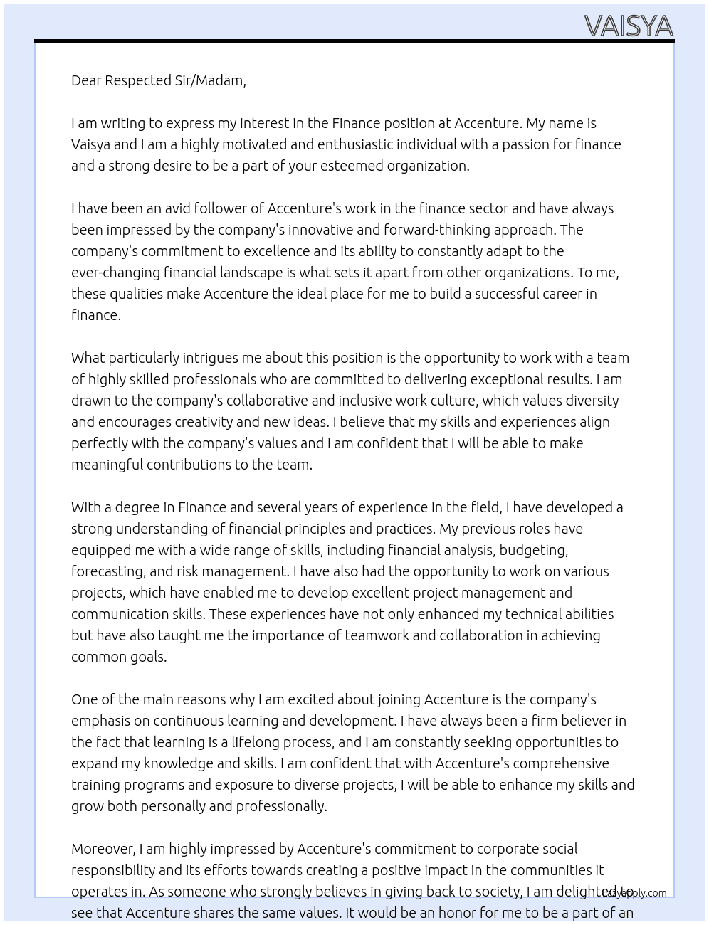 Finance At Accenture Cover Letter