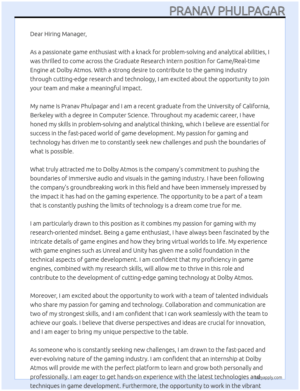Graduate Research Intern, Game/Real-time Engine At Dolby Atmos Cover Letter