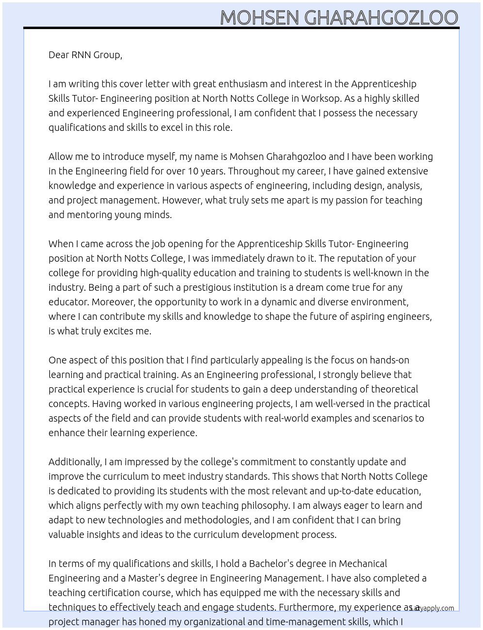 Apprenticeship skills Tutor- Engineering  At North Notts College ; Worksop Cover Letter