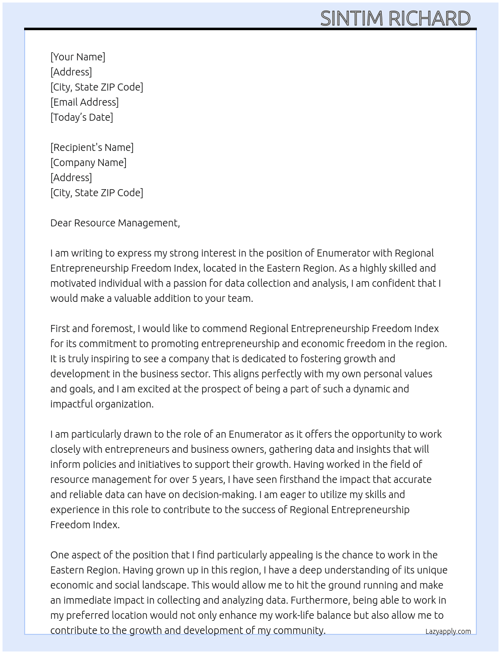 Enumerator  At Regional Enterperneurship freedom index  Cover Letter