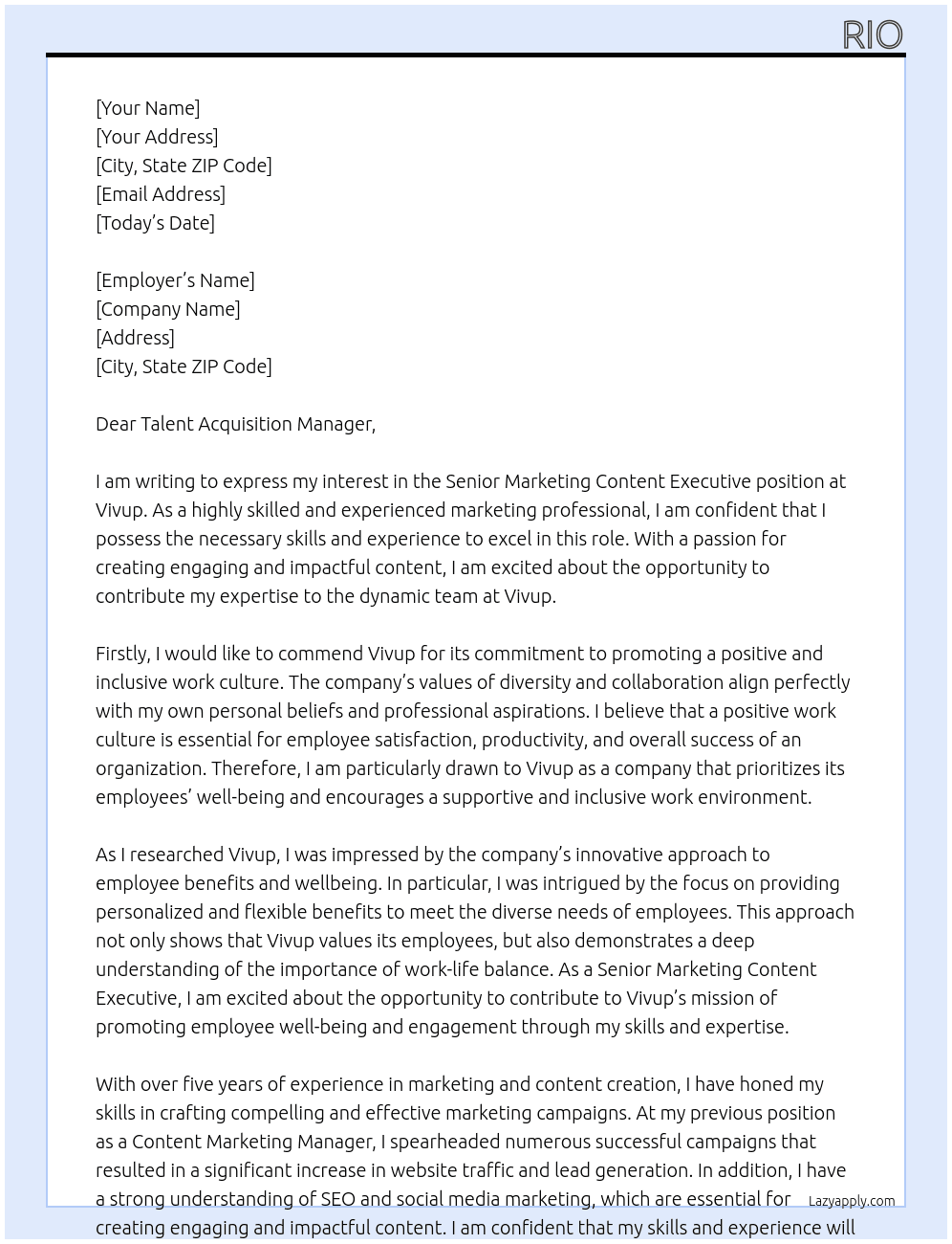 Senior Marketing Content Executive At Vivup Cover Letter