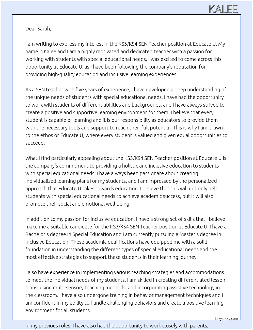 KS3/KS4 SEN Teacher  At Educate U Cover Letter