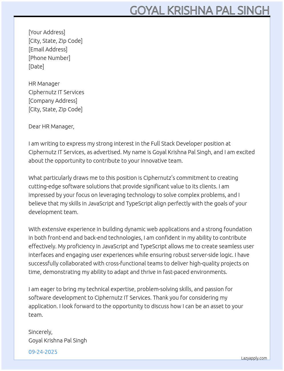 full stack developer At Ciphernutz IT Services Cover Letter