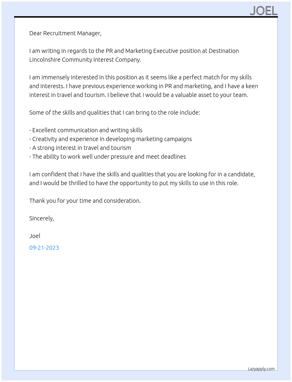 PR and Marketing Executive At Destination Lincolnshire Community Interest Company Cover Letter
