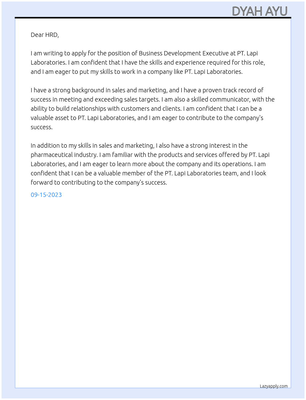 business development executive At pt.lapi laboratories Cover Letter