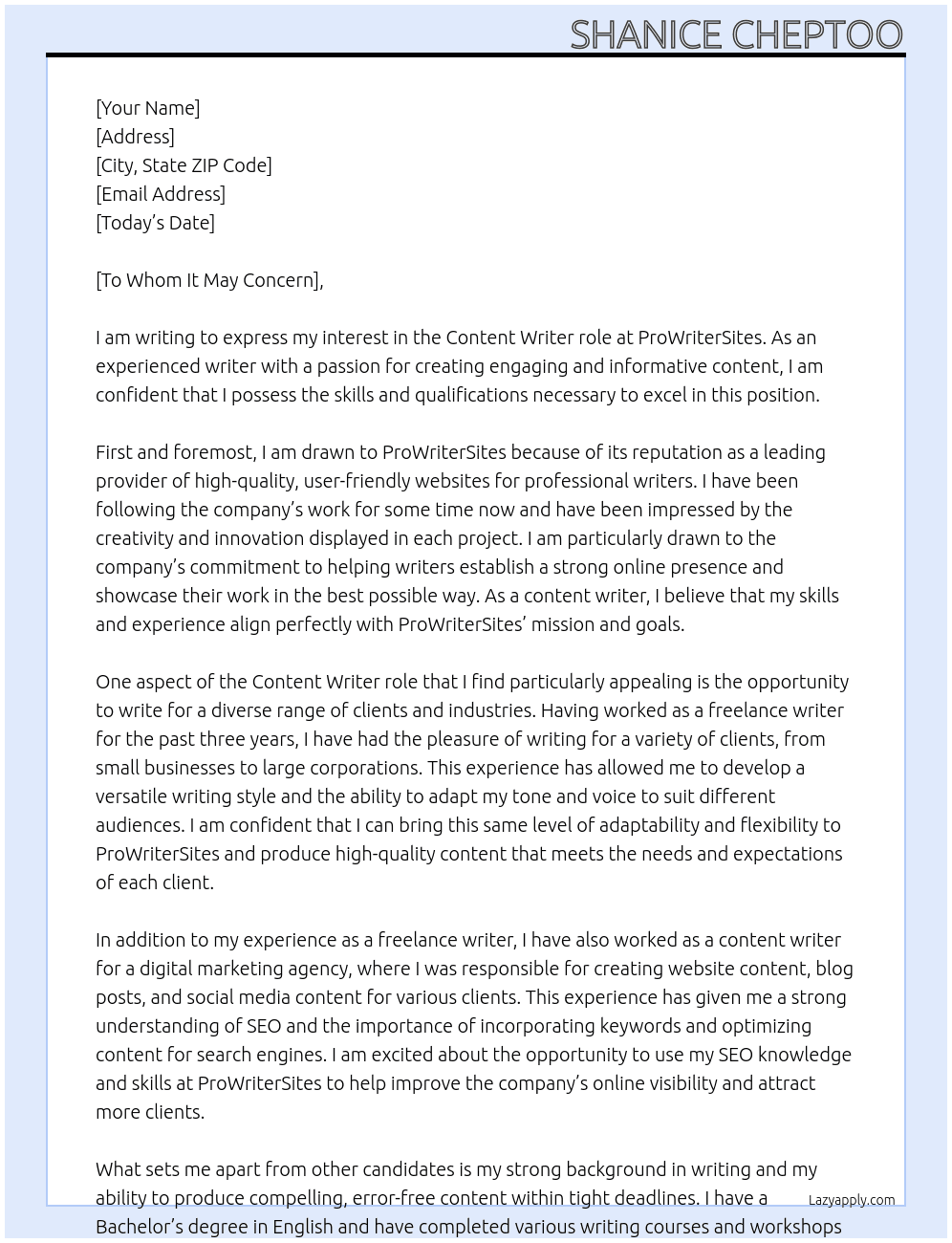 Content Writer Role At ProWriterSites Cover Letter
