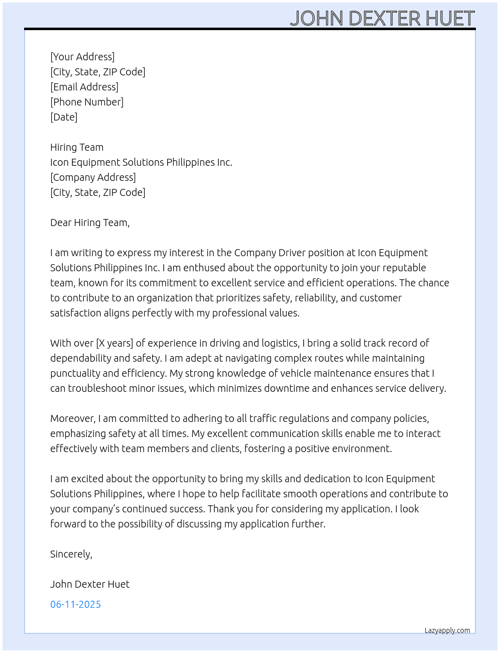 Cover letter for company driver - LazyApply