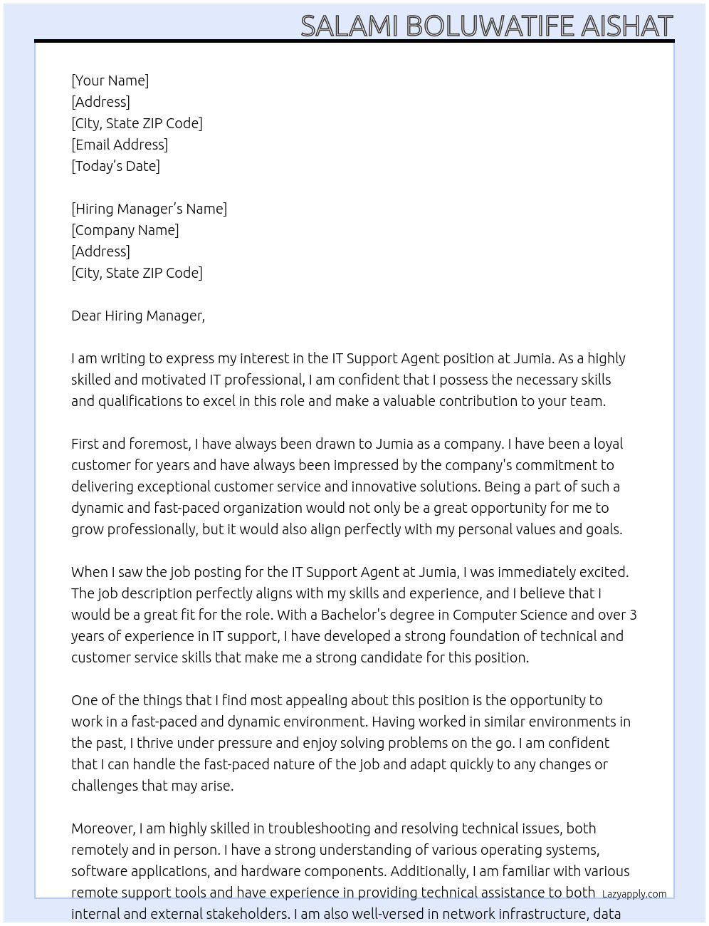 IT Support agent At Jumia Cover Letter