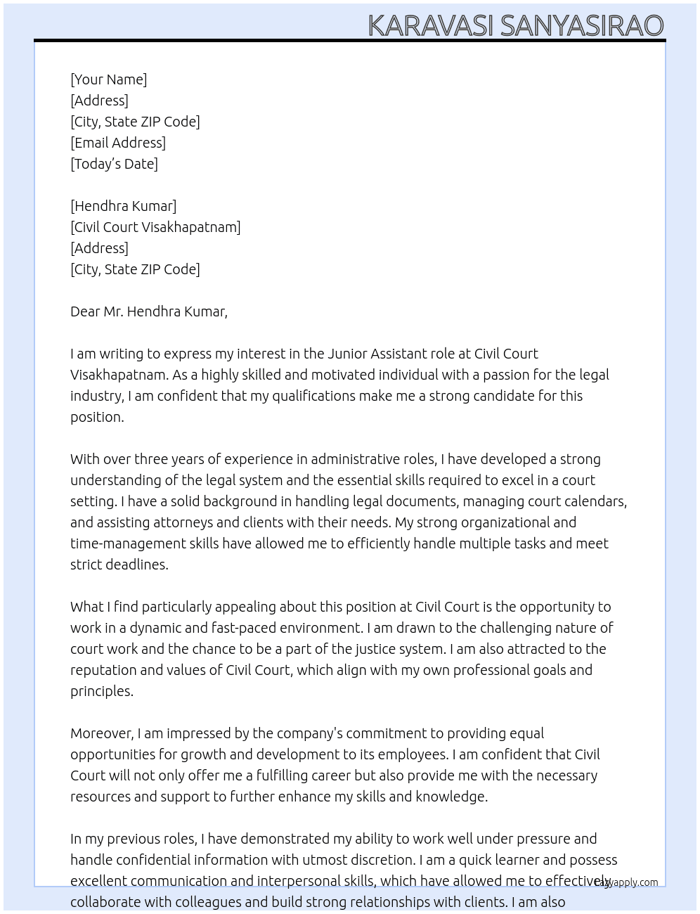 Civil court visakhapatnam At Civil court Cover Letter