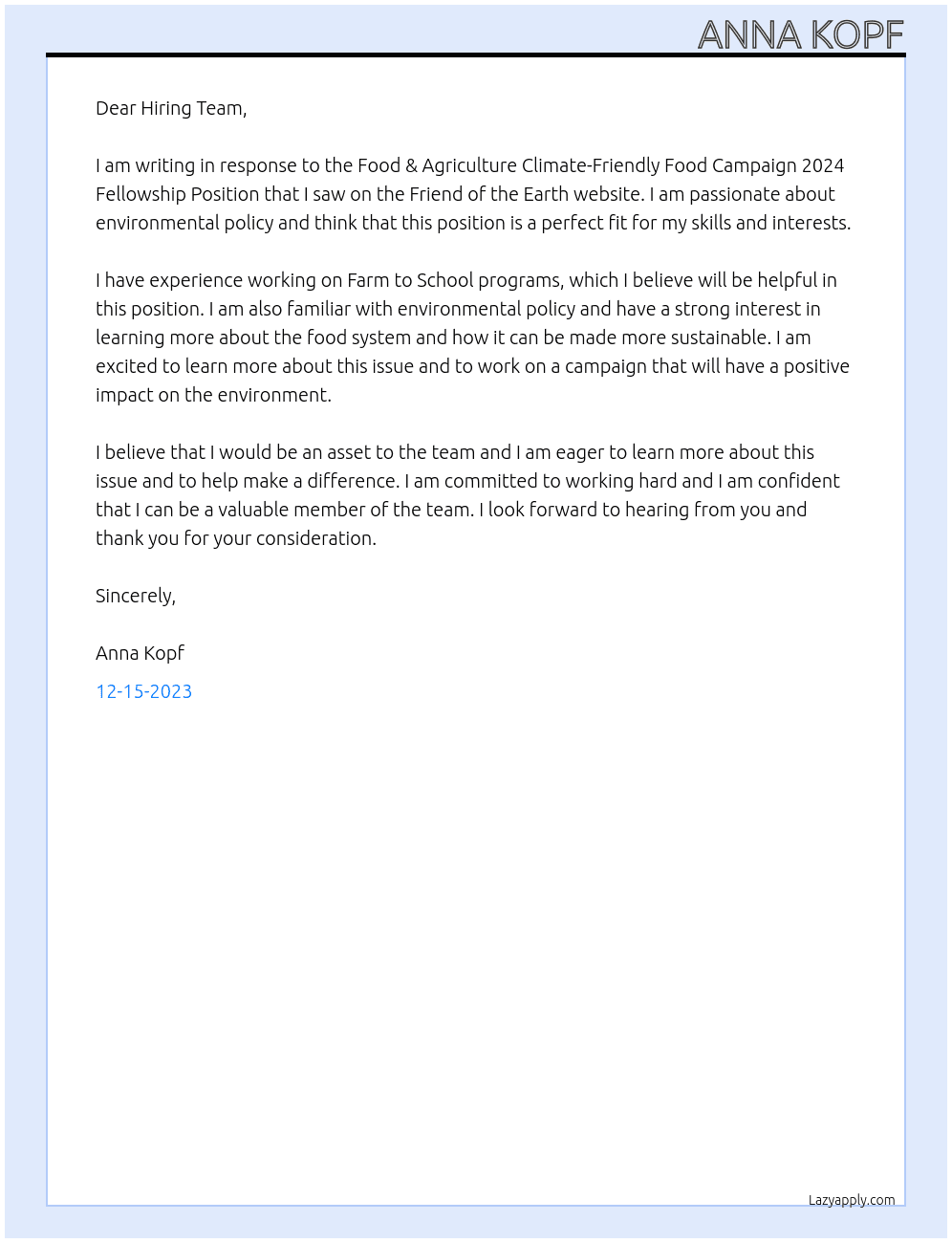 Food & Agriculture Climate-Friendly Food Campaign 2024 Fellowship Position At Friend of the Earth Cover Letter