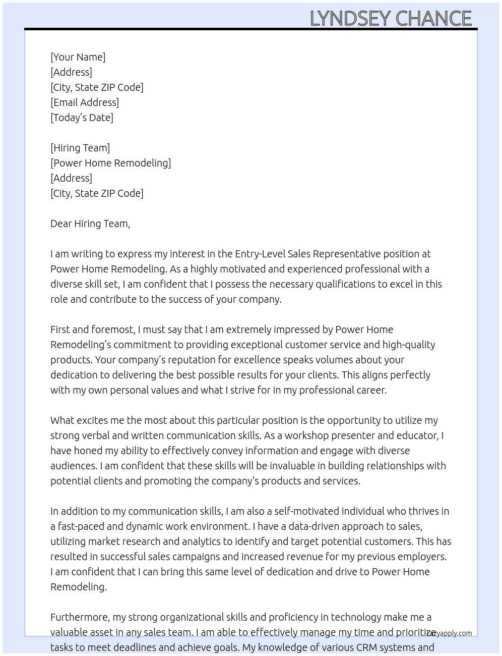 Entry-Level Sales Representative  At Power Home Remodeling Cover Letter