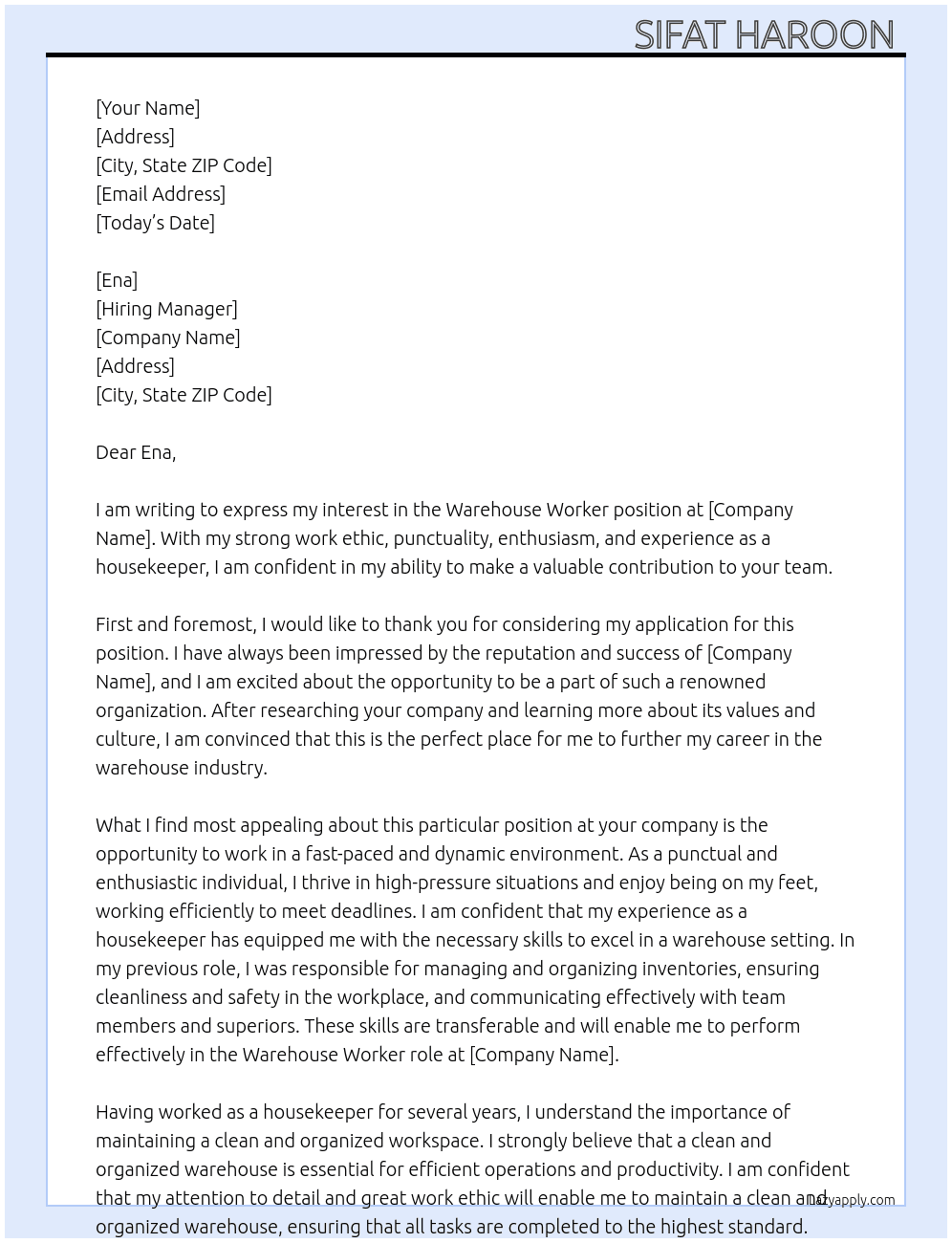 Warehouse worker At Ena Cover Letter
