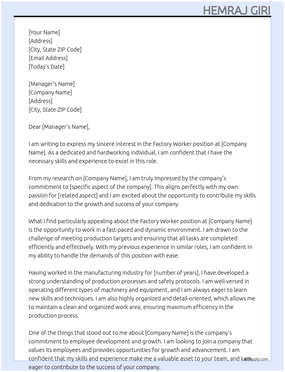 Factory worker At company  Cover Letter