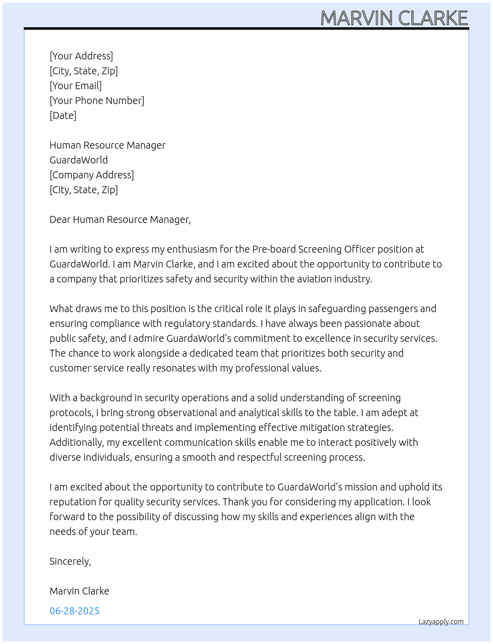 Pre-board Screening Officer At Guarda World Cover Letter
