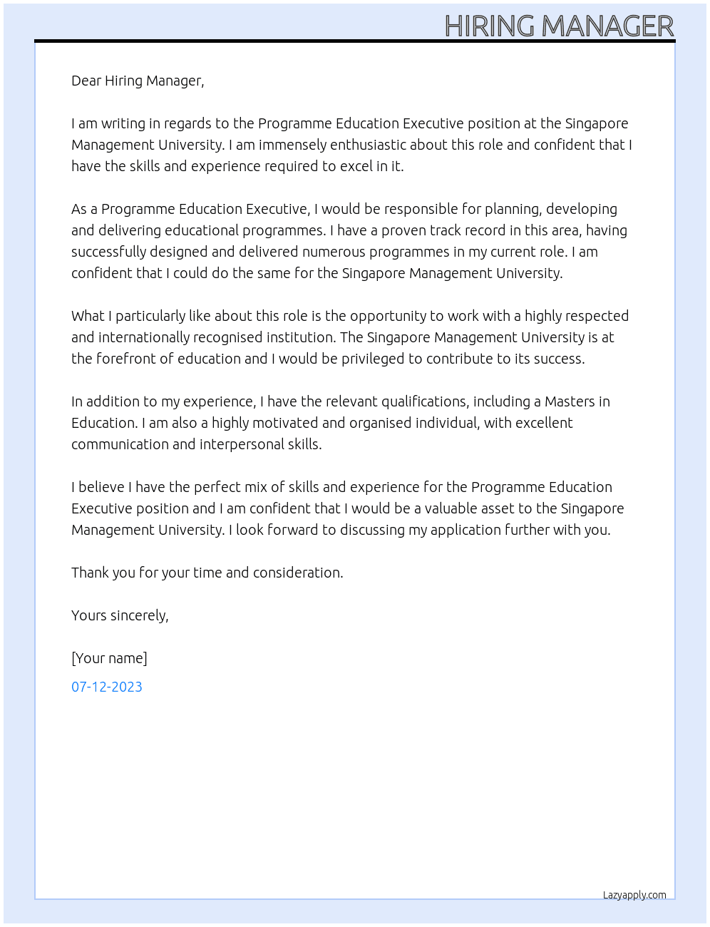 programme education executive At Singapore Management University Cover Letter
