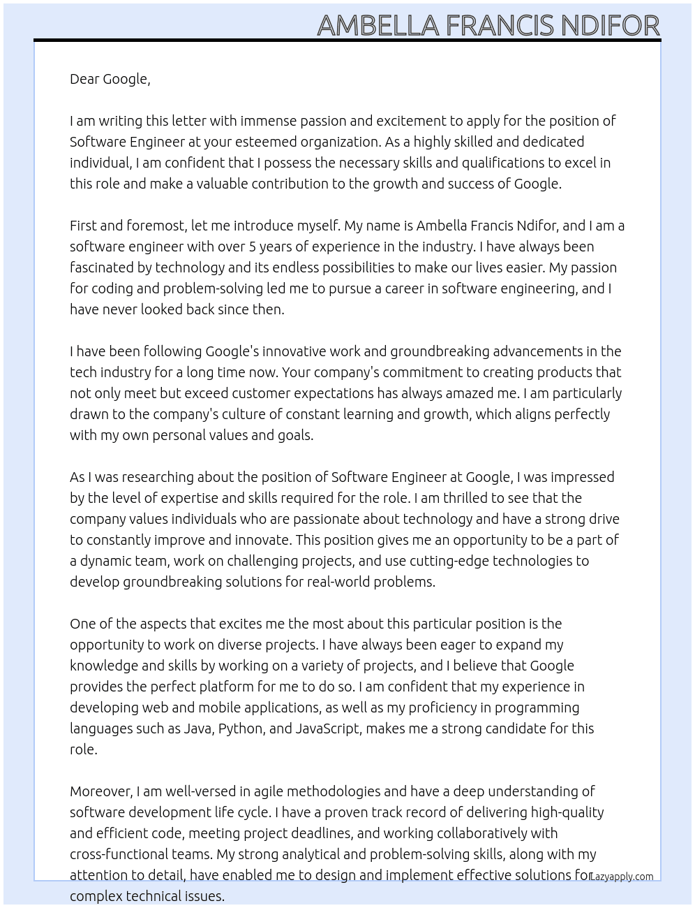 Software engineer  At Ambella Francis Cover Letter