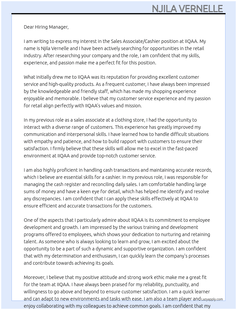 Sales Associate/ cashier At IIQAA Cover Letter