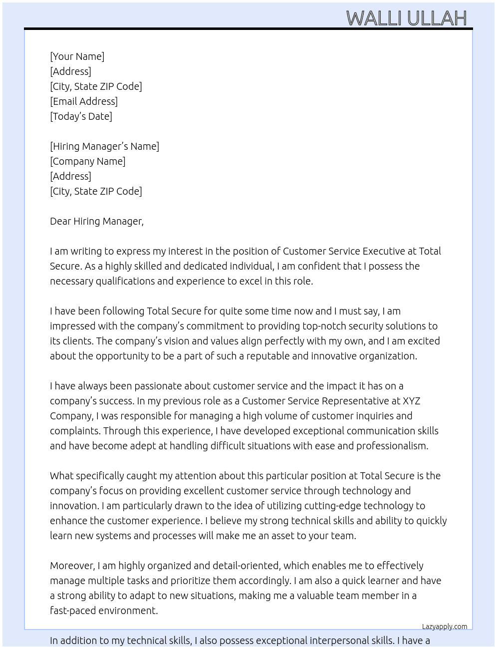 Customer service executive  At Total Secure Cover Letter