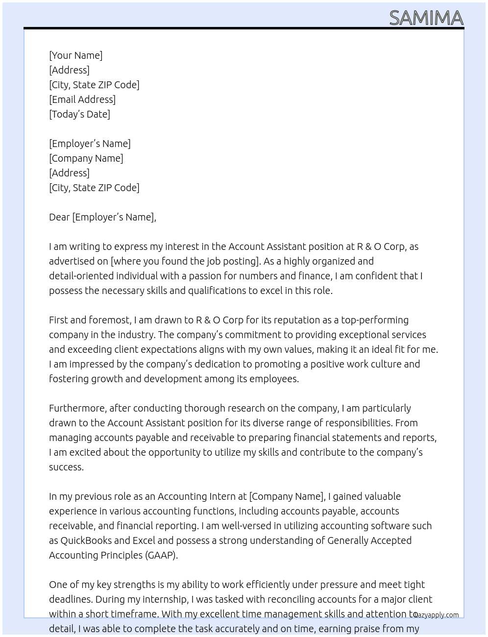accoun assitant At r & o corp Cover Letter