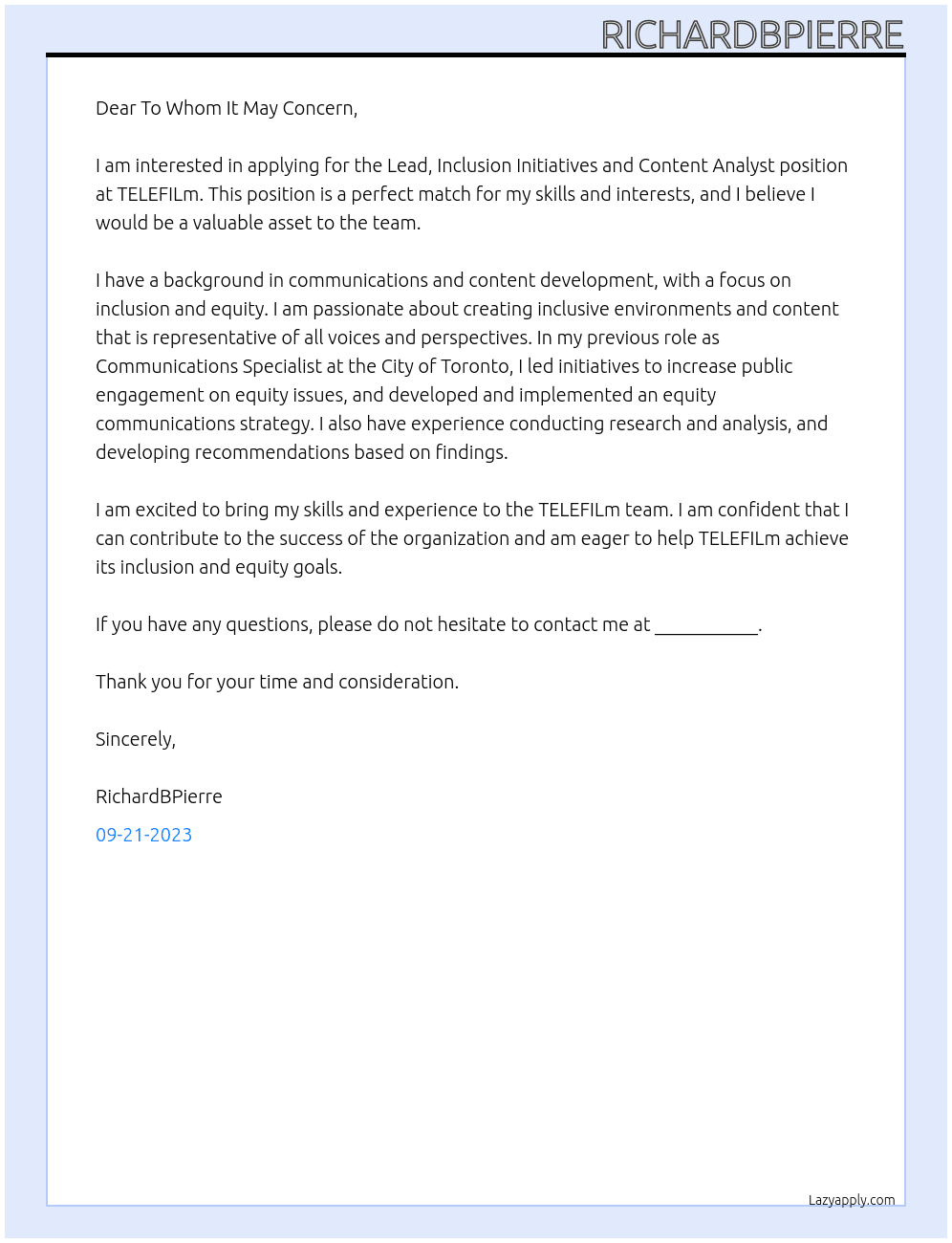 Lead, Inclusion Initiatives and Content Analyst At TELEFILm Cover Letter