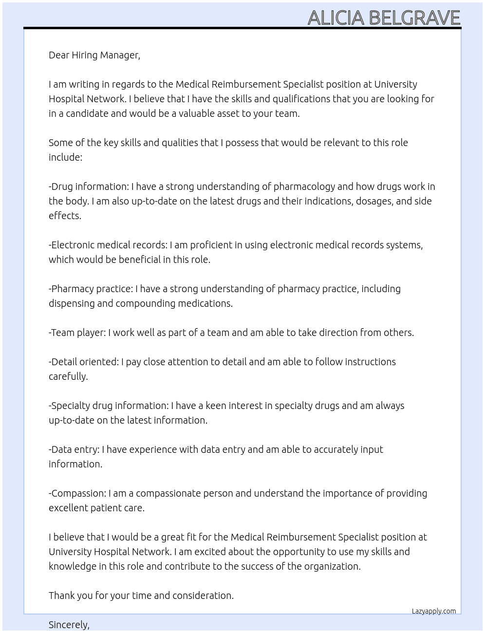Medical reimbursement specialist At University Hospital Network Cover Letter