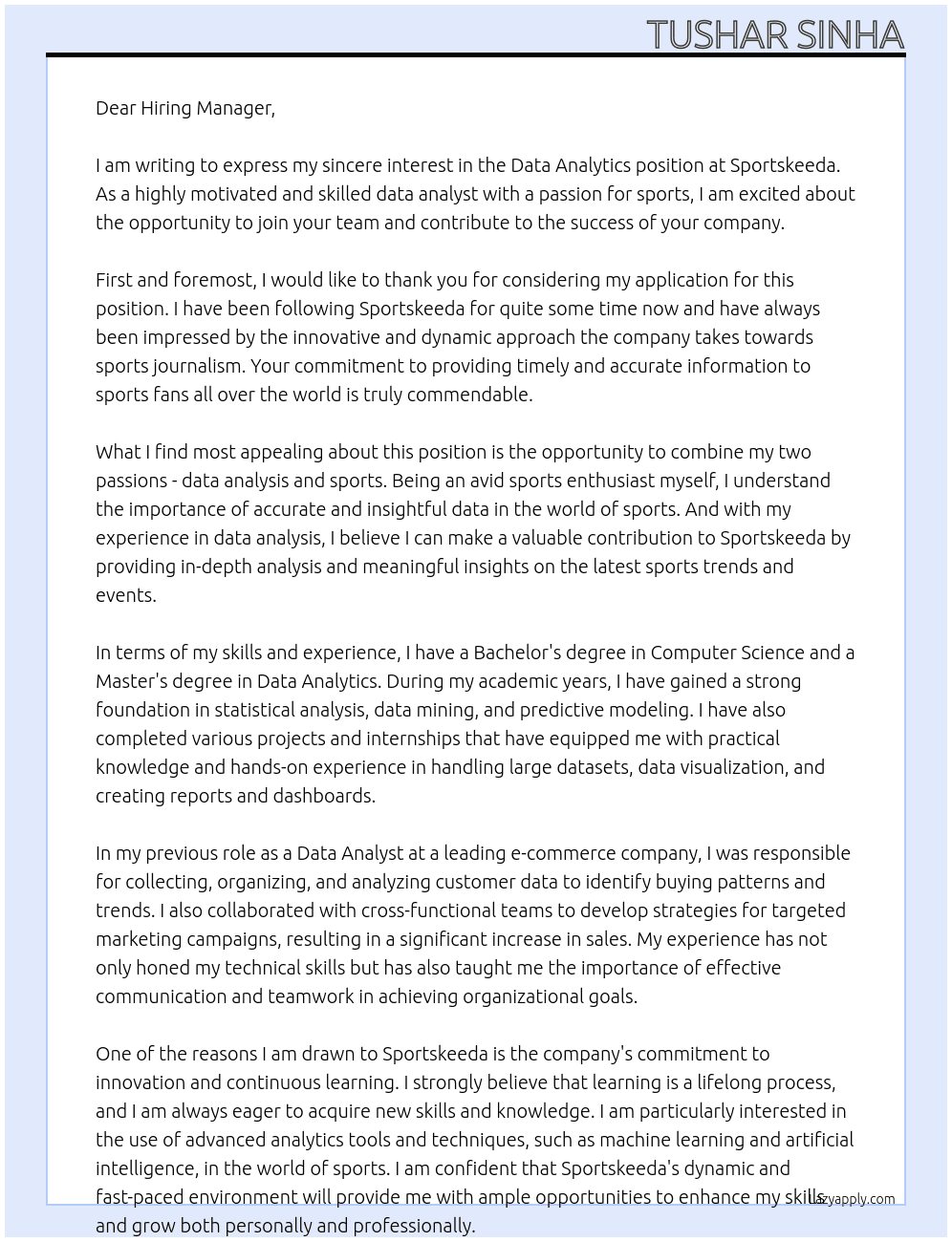 Data Analytics At Sportskeeda Cover Letter