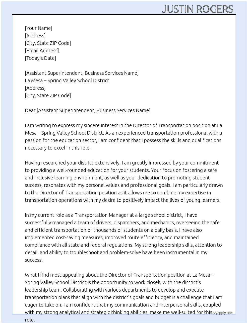 Director of Transportation At La Mesa – Spring Valley School District Cover Letter