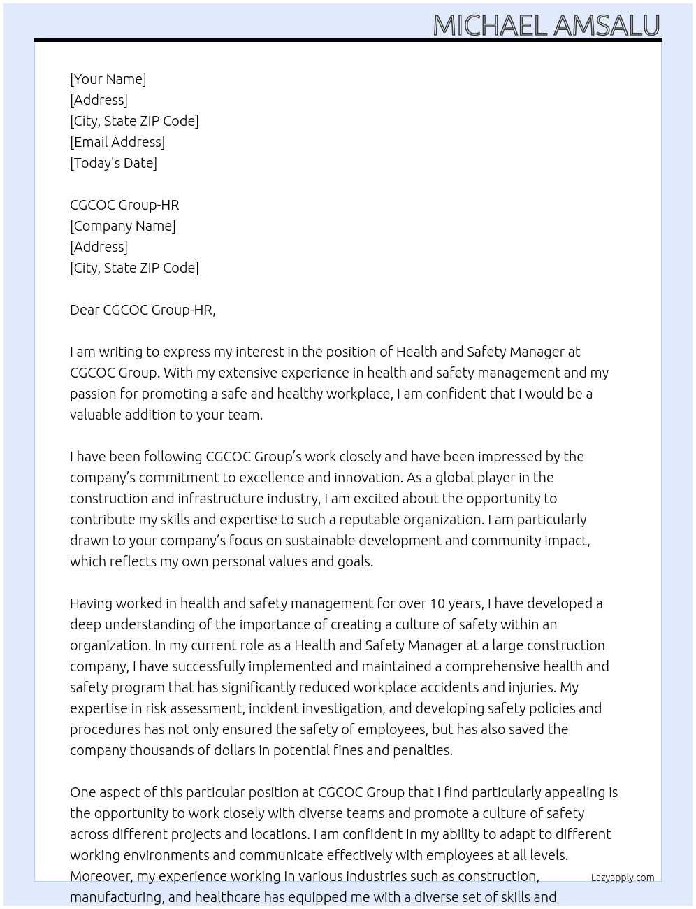 Health and Safety Manager At CGCOC Group Cover Letter