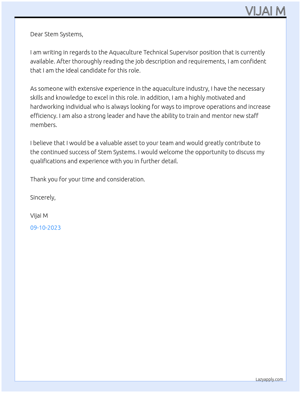 Aquaculture Technical Supervisor At Stem Systems Pvt Ltd Cover Letter