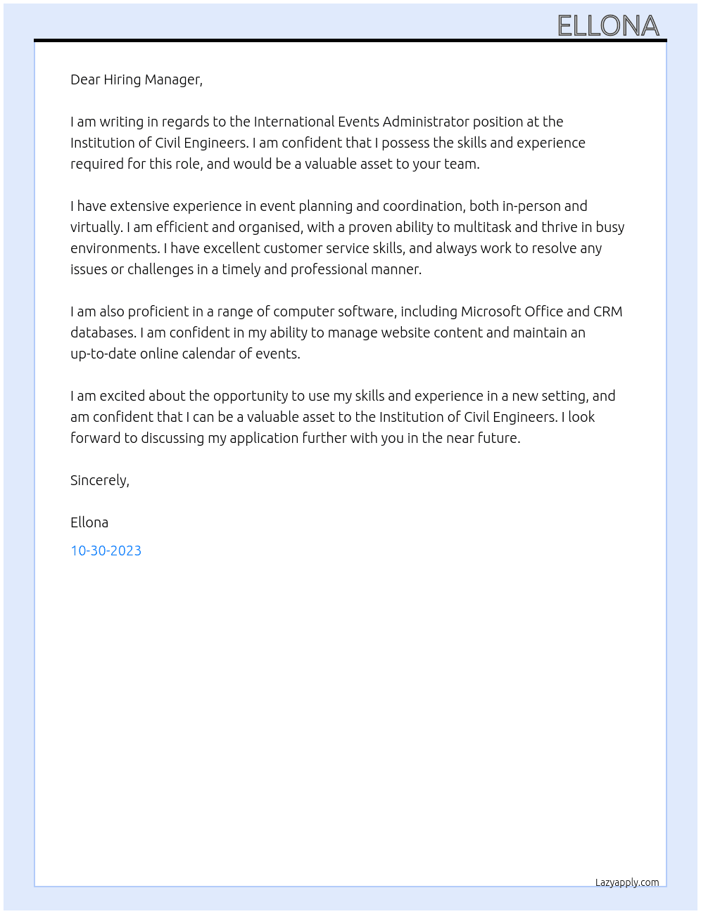 International Events Administrator At Institution of Civil Engineers Cover Letter